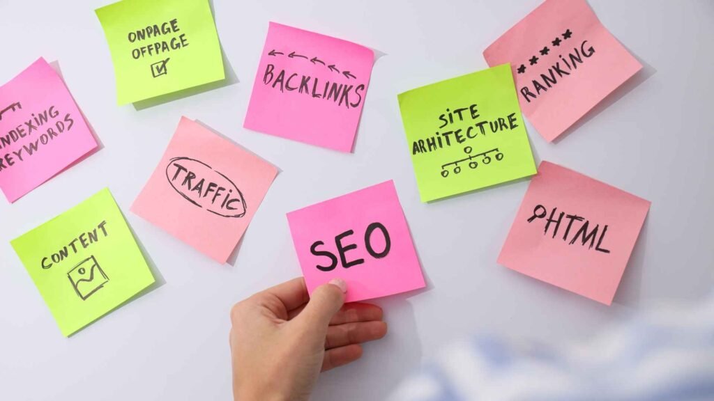 ticky notes illustrating SEO strategies and tasks