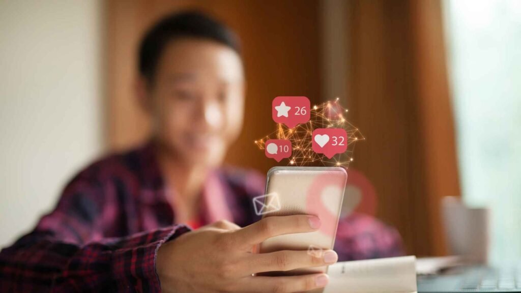 Person using phone with social media likes, comments, and notifications