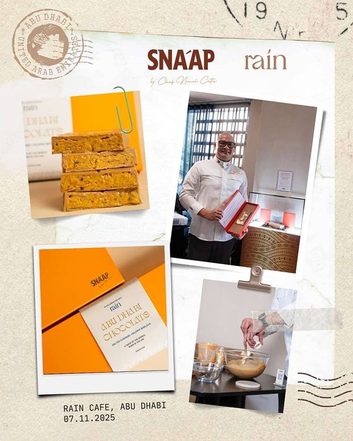 Collage of photos from the SNA'AP x Rain launch event held at Rain Café Muroor on November 7, 2025.