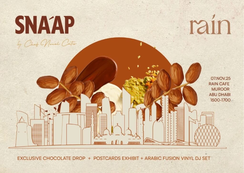 Front design of e-invitation card for SNA’AP Abu Dhabi Chocolate showing event details and theme.
