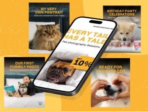 A smartphone displaying a pet photography ad, surrounded by playful pet posters, illustrating creative diversity in digital advertising.