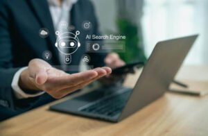 Business owner using AI search and digital marketing tools to compare website and social media strategies in 2026