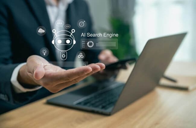 Business owner using AI search and digital marketing tools to compare website and social media strategies in 2026